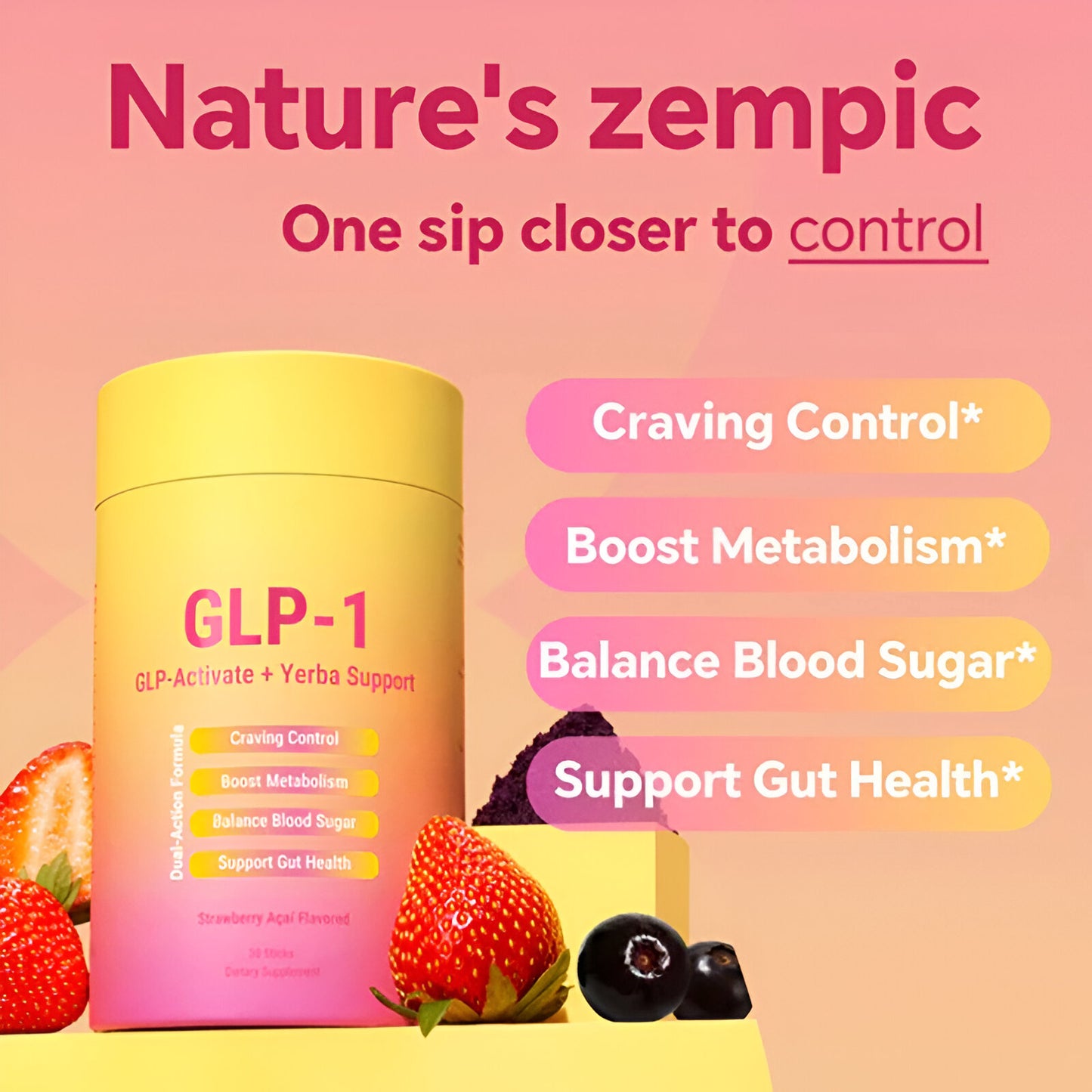 GLP-1 Drink Mix — Yerba Mate, Berberine, Chromium, 5-HTP & Magnesium | Strawberry Açaí Flavor