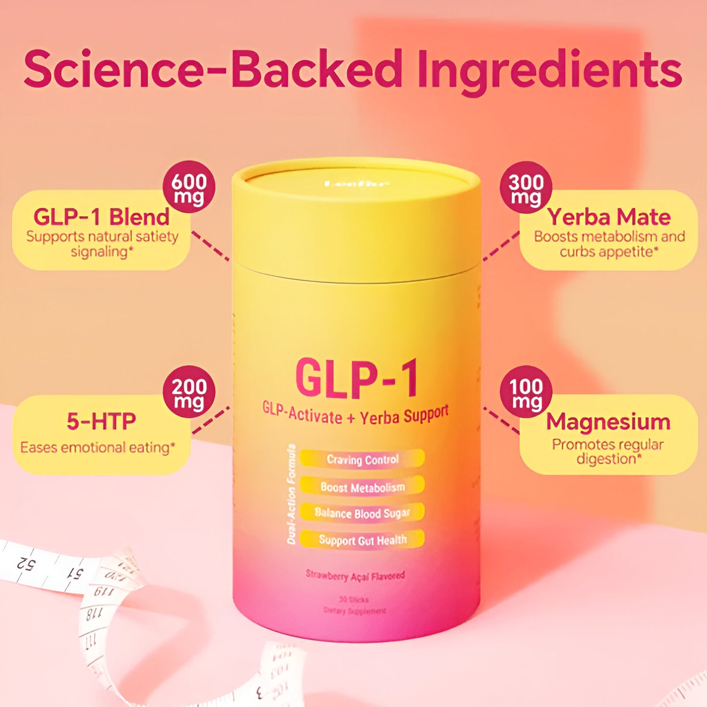 GLP-1 Drink Mix — Yerba Mate, Berberine, Chromium, 5-HTP & Magnesium | Strawberry Açaí Flavor