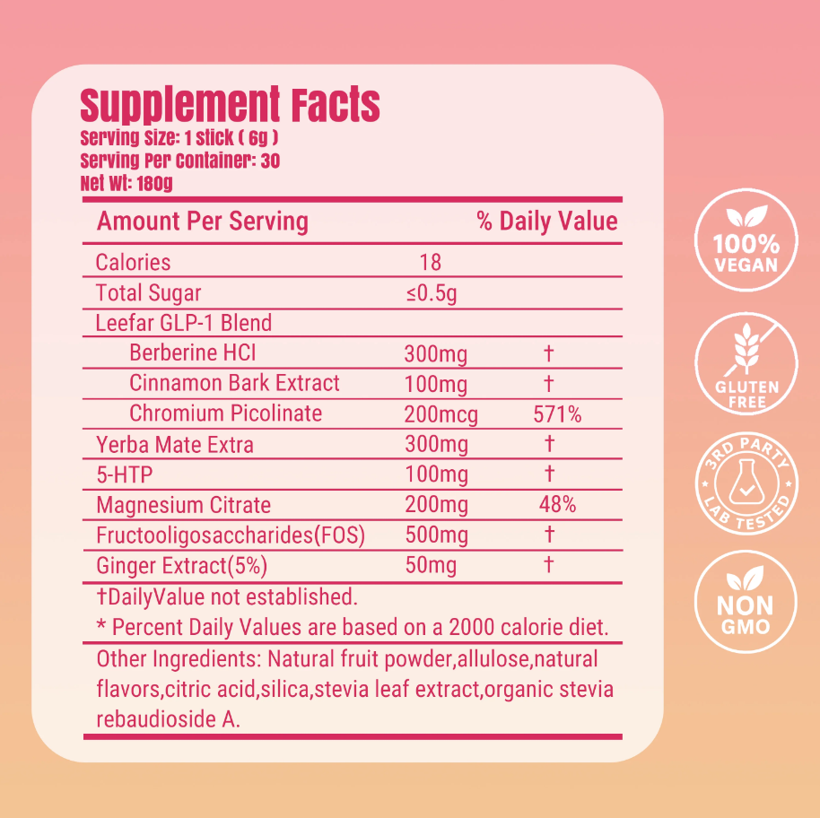 GLP-1 Drink Mix — Yerba Mate, Berberine, Chromium, 5-HTP & Magnesium | Strawberry Açaí Flavor